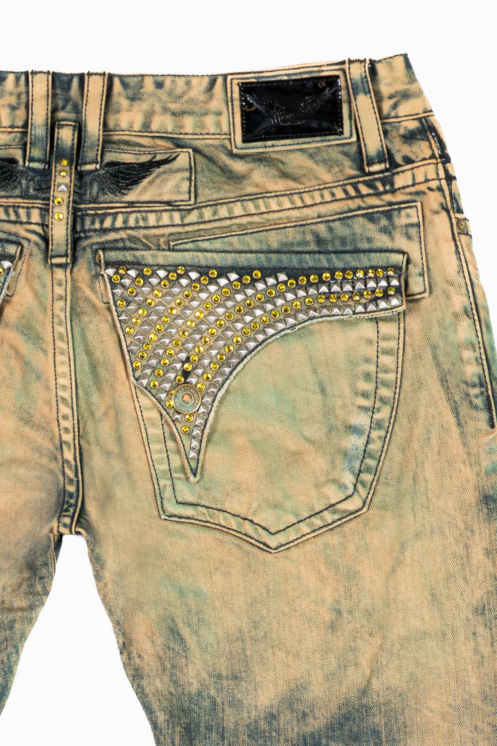MENS LONG FLAP SLIM JEANS IN K WASH TURQUOISE WASH EMBELLISHED WITH  STUDS & CRYSTALS - Image 3