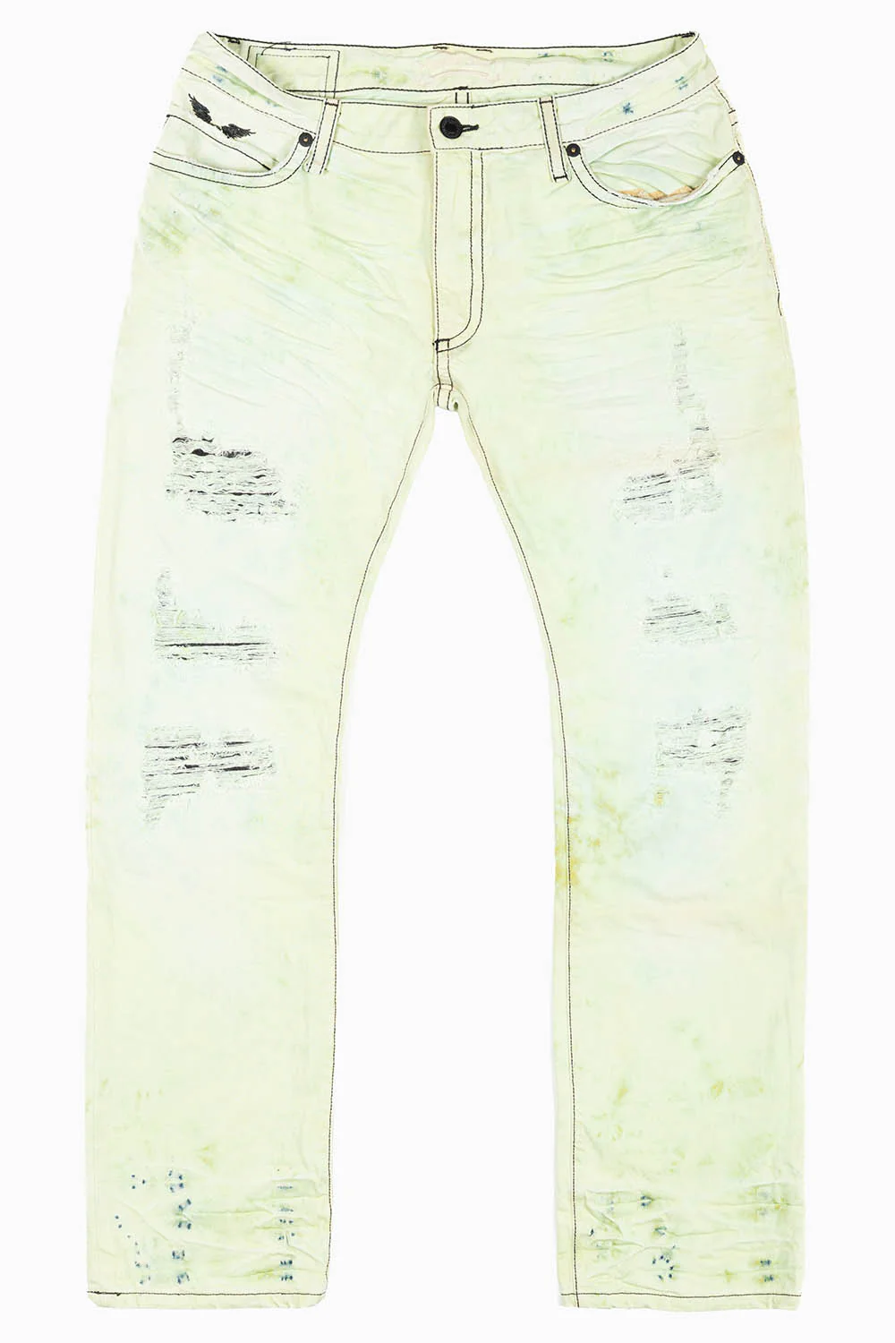 MENS LONG FLAP SLIM JEANS IN  KEY LIME DESTROY WASH EMBELLISHED WITH STUDS & CRYSTALS - Image 2
