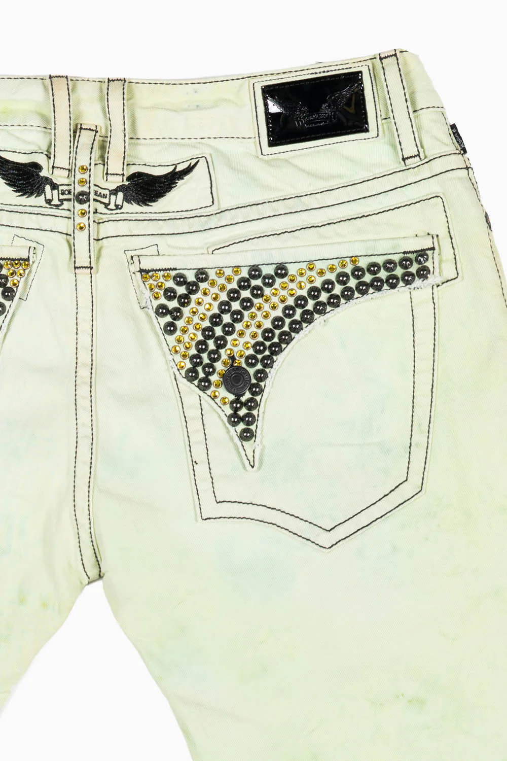 MENS LONG FLAP SLIM JEANS IN  KEY LIME DESTROY WASH EMBELLISHED WITH STUDS & CRYSTALS - Image 3