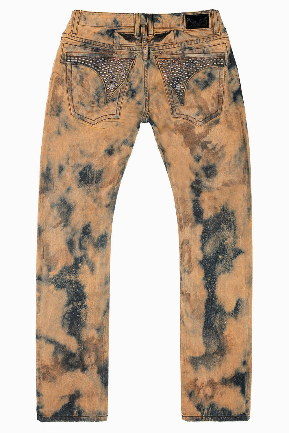 MENS LONG FLAP SLIM JEANS WITH CRYSTALS IN ILLUSION INDIGO BRONZE WASH