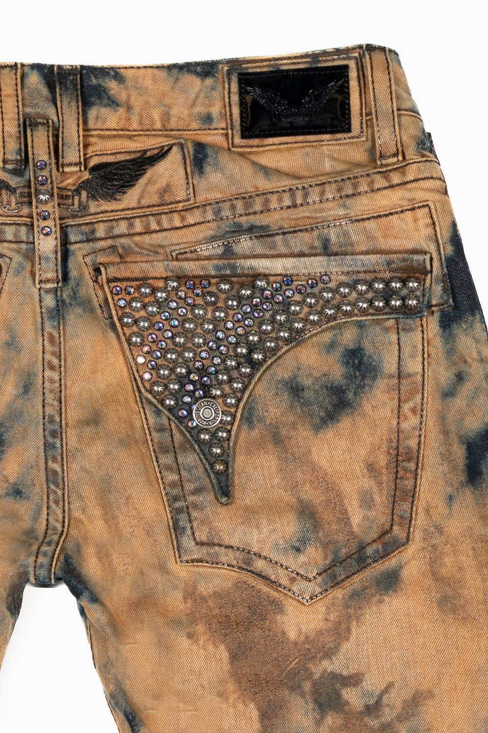 MENS LONG FLAP SLIM JEANS WITH CRYSTALS IN ILLUSION INDIGO BRONZE WASH - Image 3