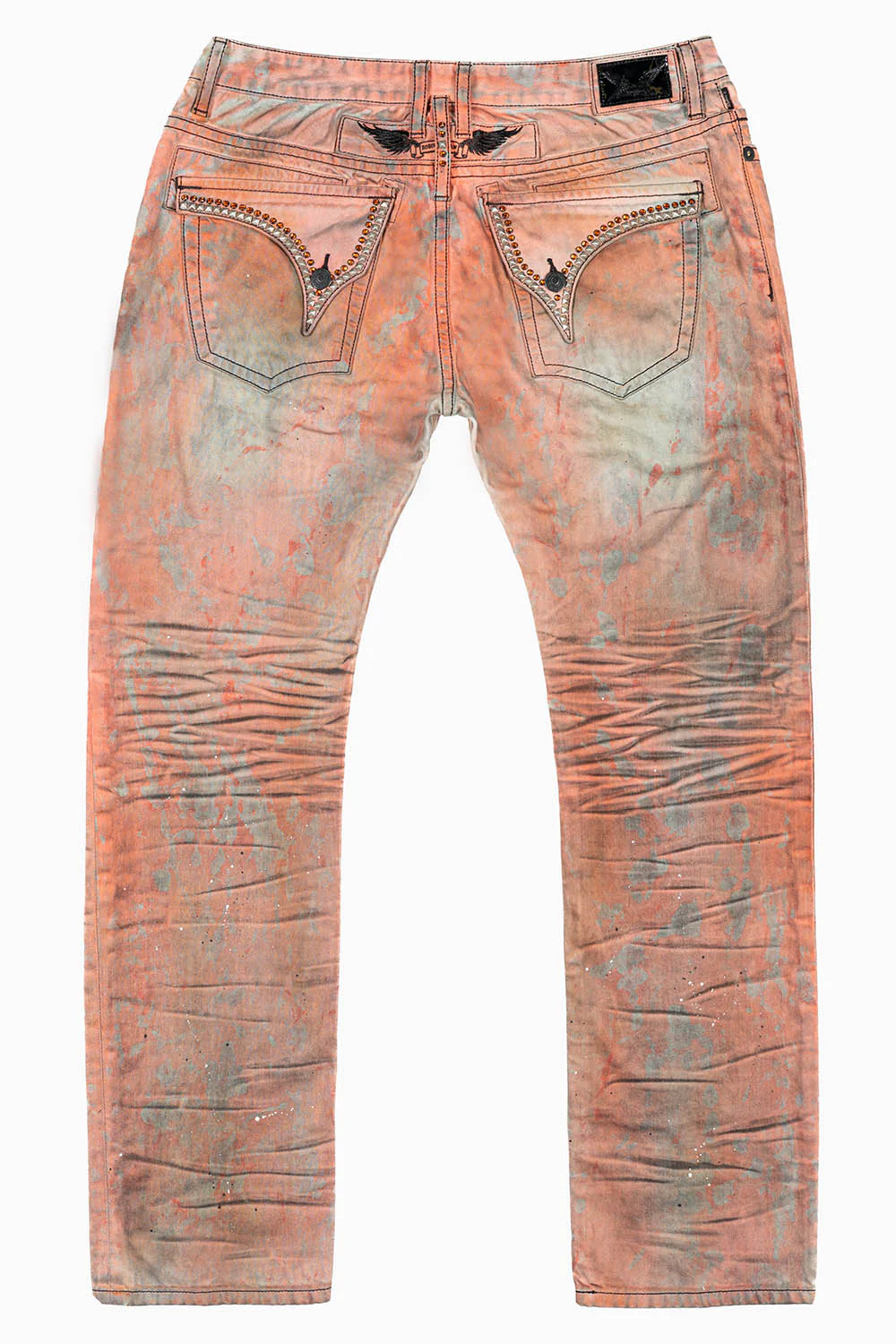 MENS LONG FLAP SLIM JEANS WITH CRYSTALS IN VINTAGE MEDELLIN  ORANGE/BROWN WASH