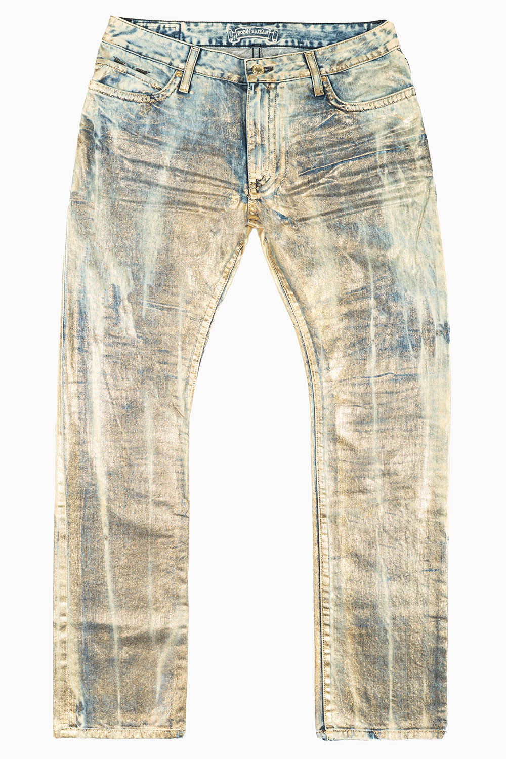 MENS LONG FLAP SLIM JEANS WITH GOLD STUDS & CRYSTALS IN GOOD TIMES GOLD WASH - Image 2