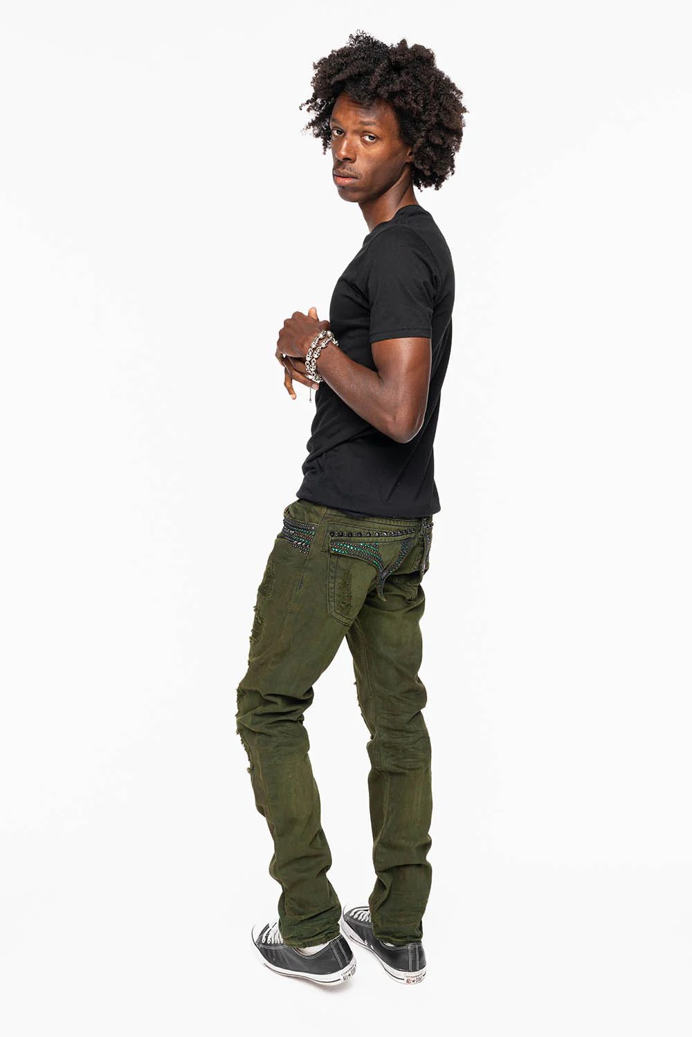 MENS LONG FLAP SLIM JEANS WITH STUDS AND CRYSTALS IN 4D GREEN ARMY WASH - Image 10