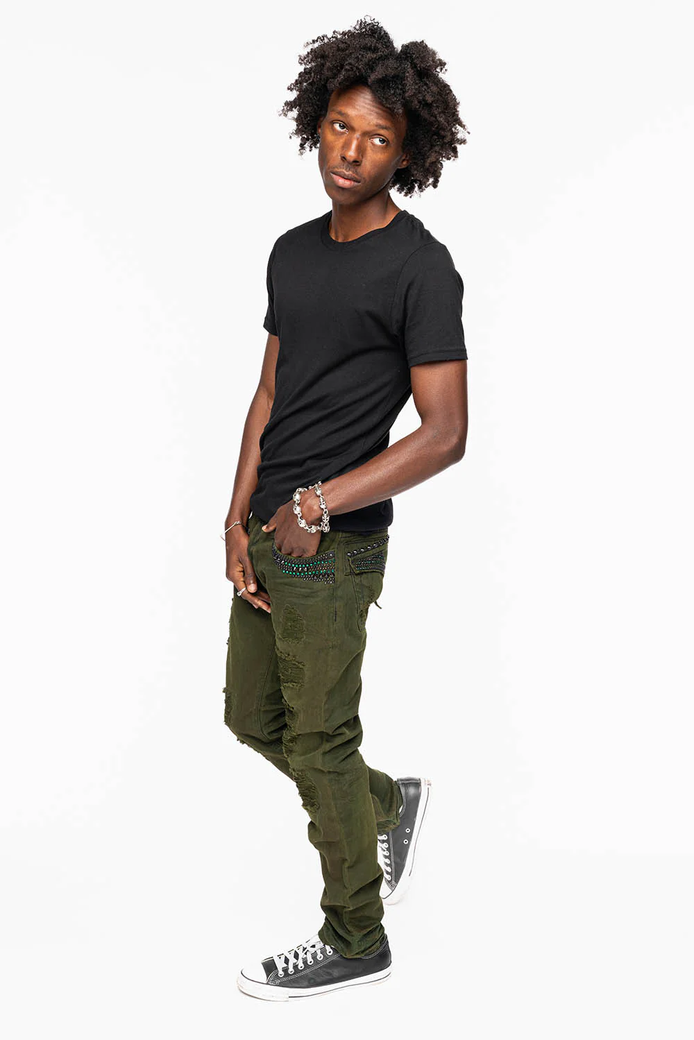 MENS LONG FLAP SLIM JEANS WITH STUDS AND CRYSTALS IN 4D GREEN ARMY WASH - Image 11