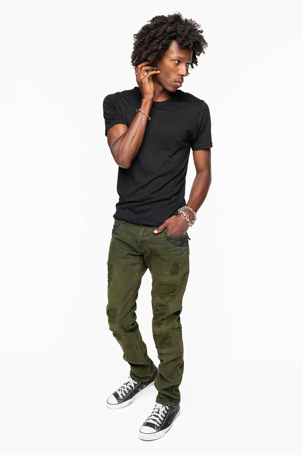 MENS LONG FLAP SLIM JEANS WITH STUDS AND CRYSTALS IN 4D GREEN ARMY WASH - Image 12