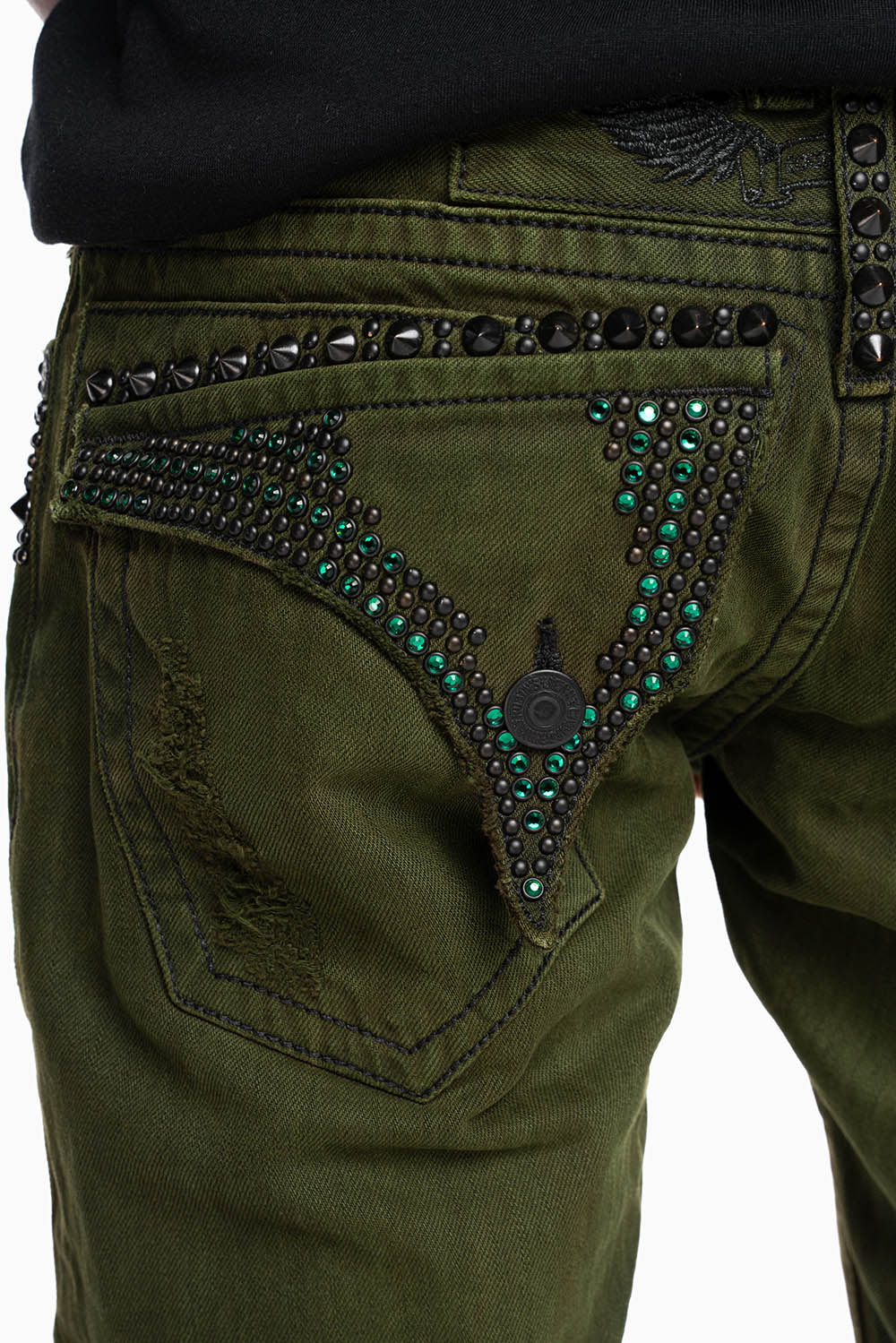 MENS LONG FLAP SLIM JEANS WITH STUDS AND CRYSTALS IN 4D GREEN ARMY WASH - Image 3