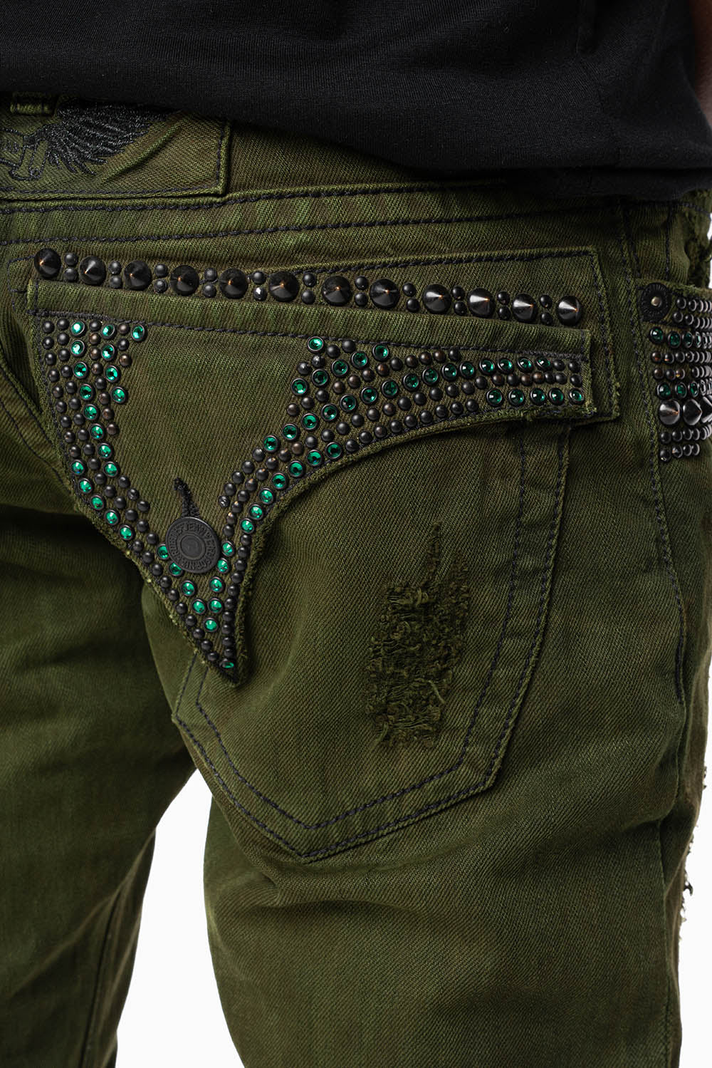 MENS LONG FLAP SLIM JEANS WITH STUDS AND CRYSTALS IN 4D GREEN ARMY WASH - Image 4