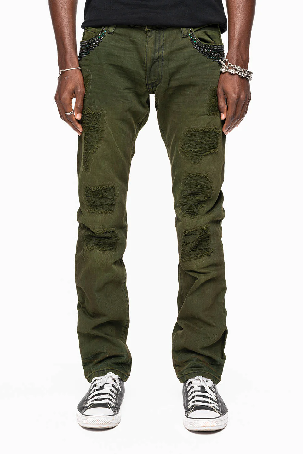 MENS LONG FLAP SLIM JEANS WITH STUDS AND CRYSTALS IN 4D GREEN ARMY WASH - Image 5