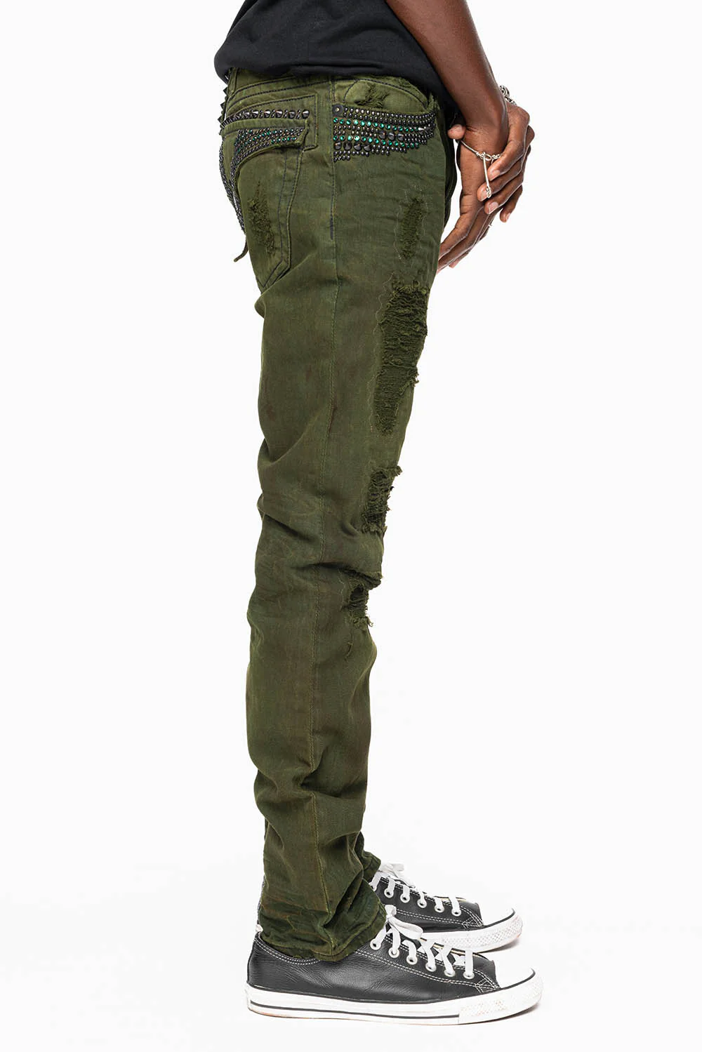 MENS LONG FLAP SLIM JEANS WITH STUDS AND CRYSTALS IN 4D GREEN ARMY WASH - Image 6