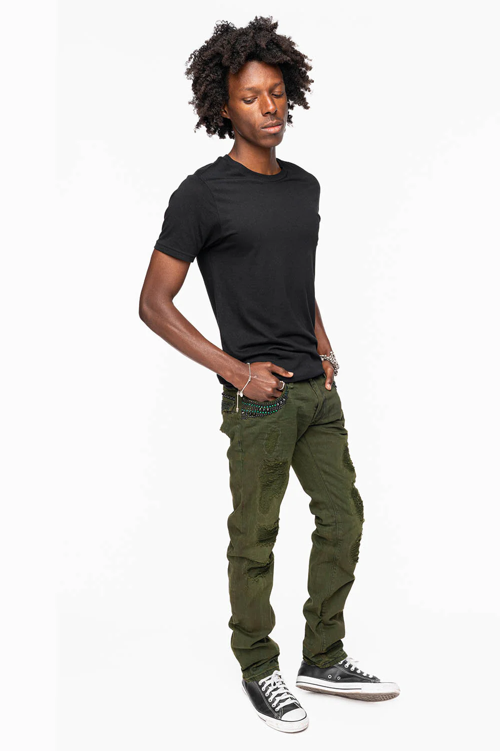 MENS LONG FLAP SLIM JEANS WITH STUDS AND CRYSTALS IN 4D GREEN ARMY WASH - Image 7