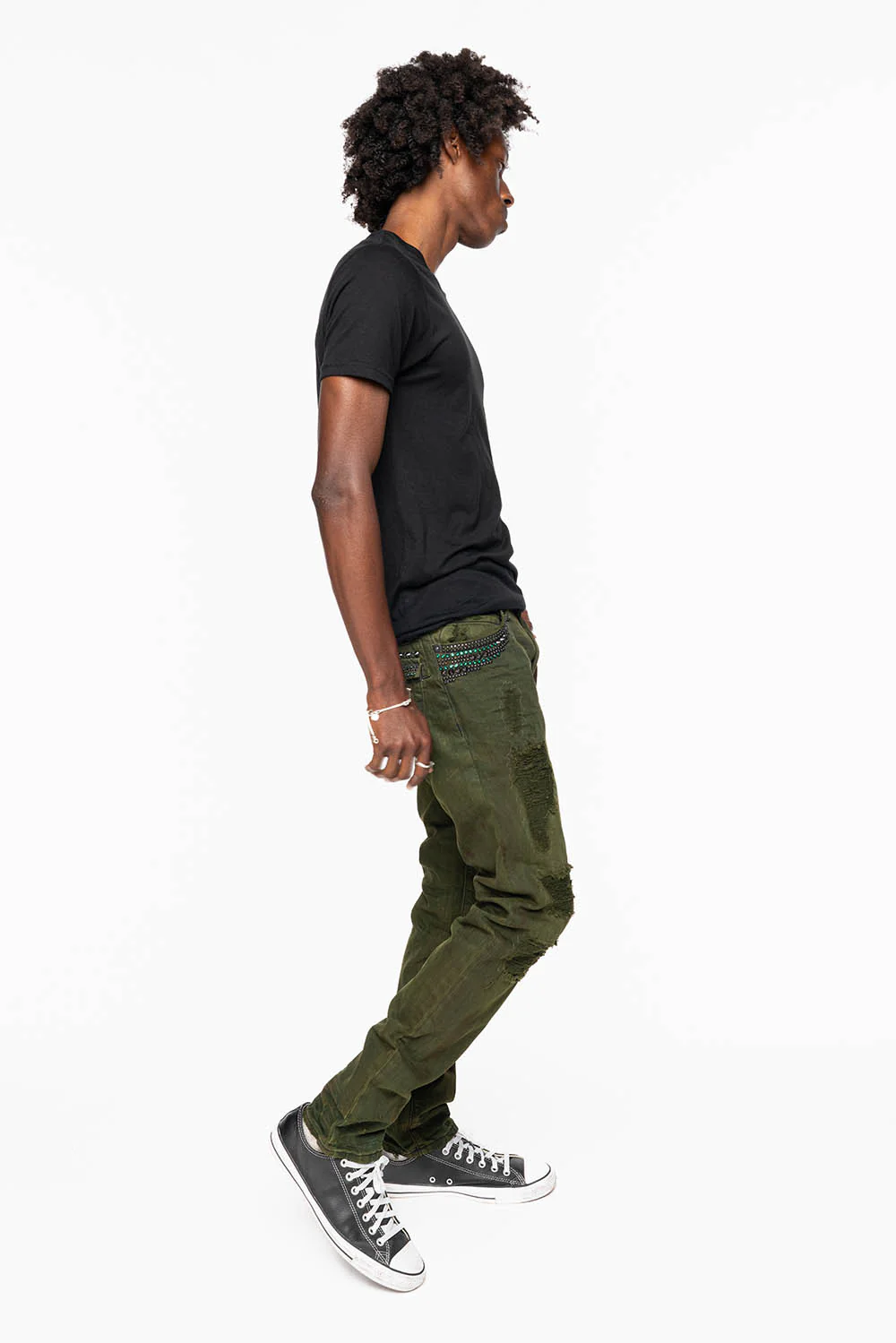 MENS LONG FLAP SLIM JEANS WITH STUDS AND CRYSTALS IN 4D GREEN ARMY WASH - Image 8
