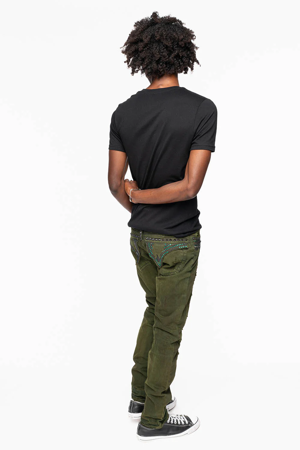 MENS LONG FLAP SLIM JEANS WITH STUDS AND CRYSTALS IN 4D GREEN ARMY WASH - Image 9