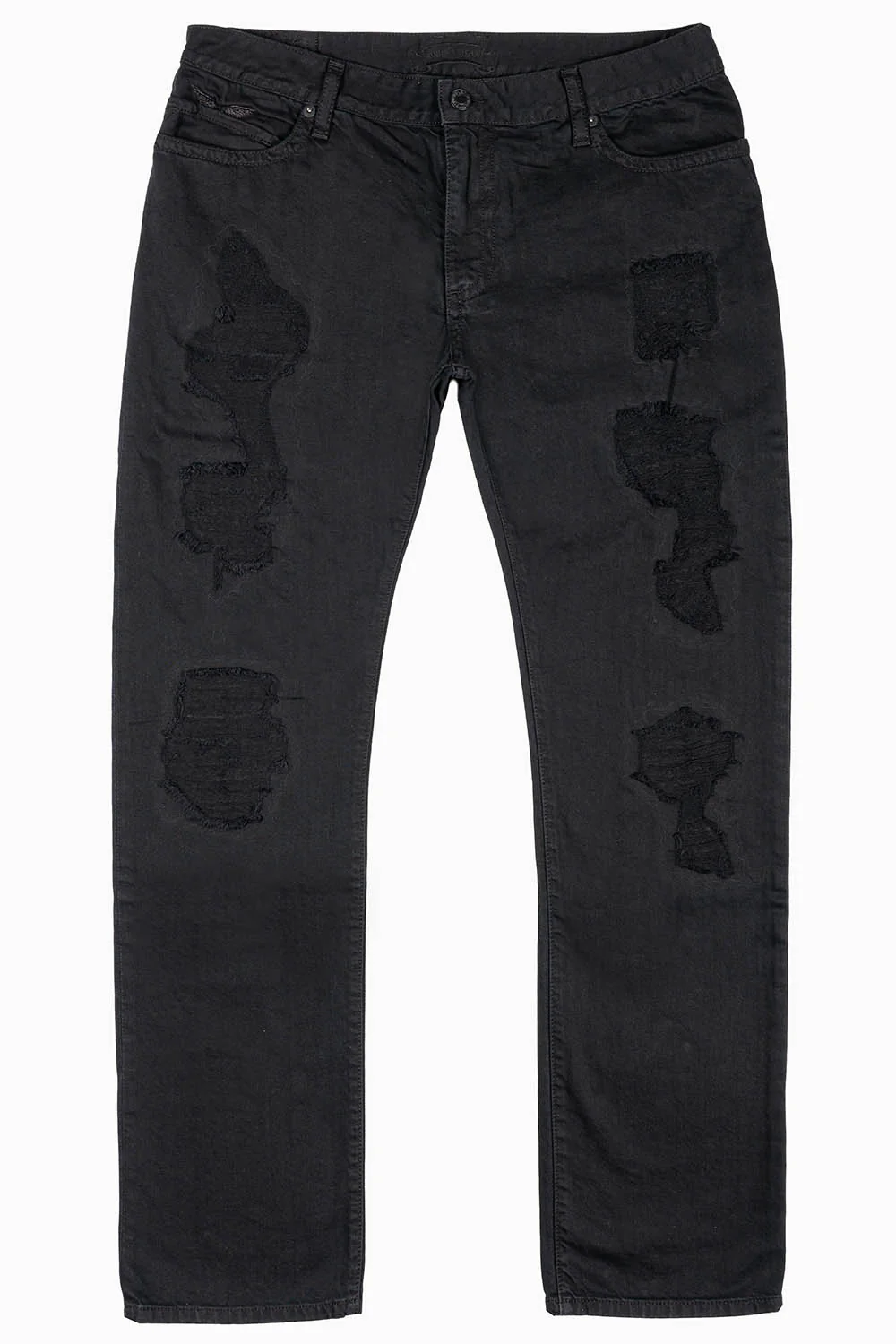 MENS LONG FLAP SLIM JEANS WITH STUDS & CRYSTALS IN BLACK  BROKEN REPAIRED DNM - Image 2