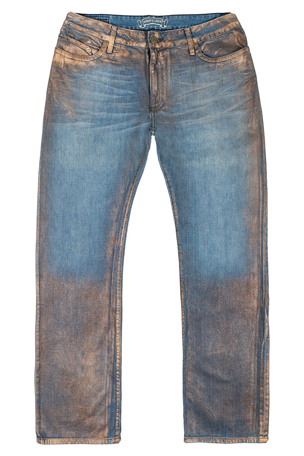 MENS LONG FLAP STRAIGHT CUT JEANS WITH CRYSTALS IN COPPER FOIL WASH - Image 2