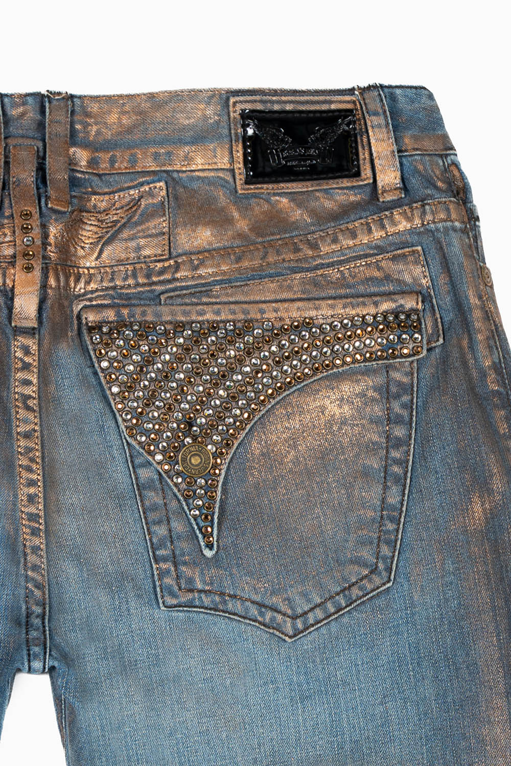 MENS LONG FLAP STRAIGHT CUT JEANS WITH CRYSTALS IN COPPER FOIL WASH - Image 3