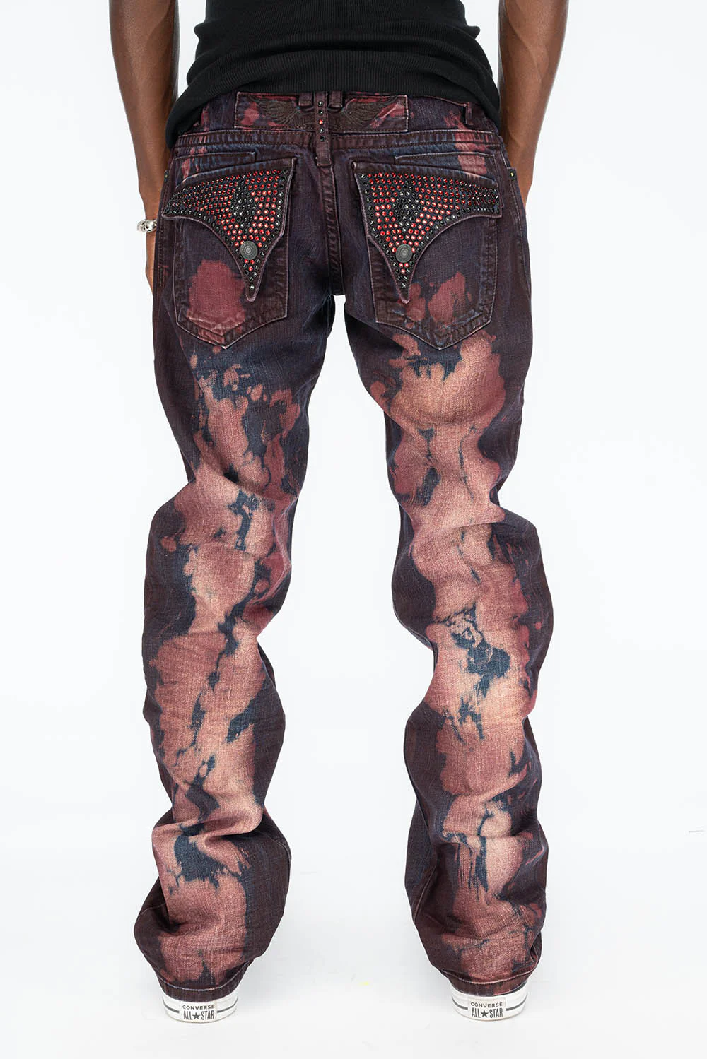 MENS LONG FLAP STRAIGHT CUT JEANS WITH CRYSTALS IN TIPPY RED WASH - Image 2