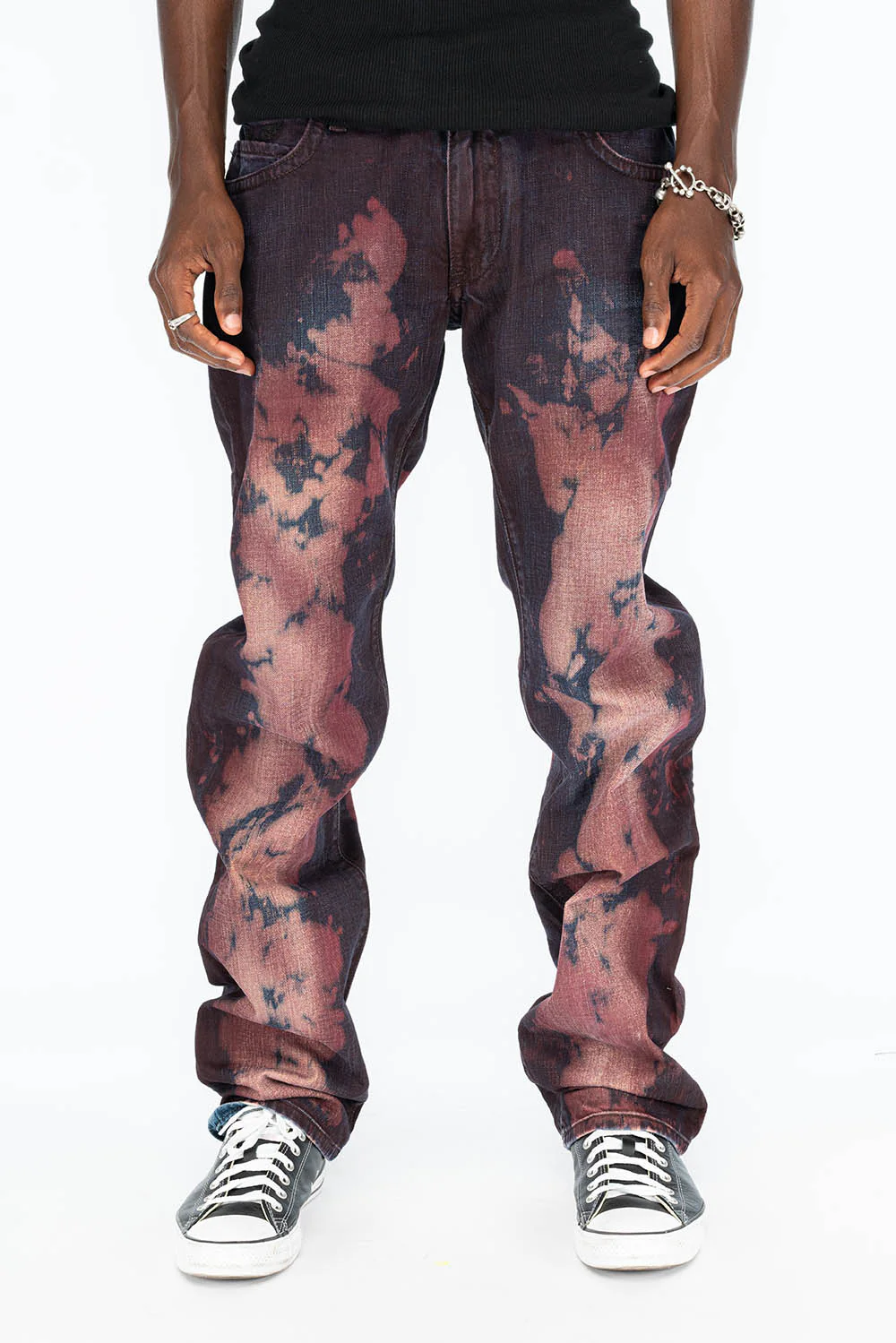 MENS LONG FLAP STRAIGHT CUT JEANS WITH CRYSTALS IN TIPPY RED WASH - Image 3