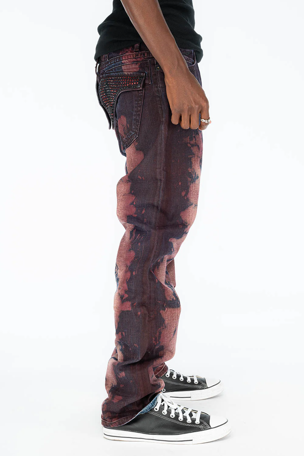 MENS LONG FLAP STRAIGHT CUT JEANS WITH CRYSTALS IN TIPPY RED WASH - Image 5