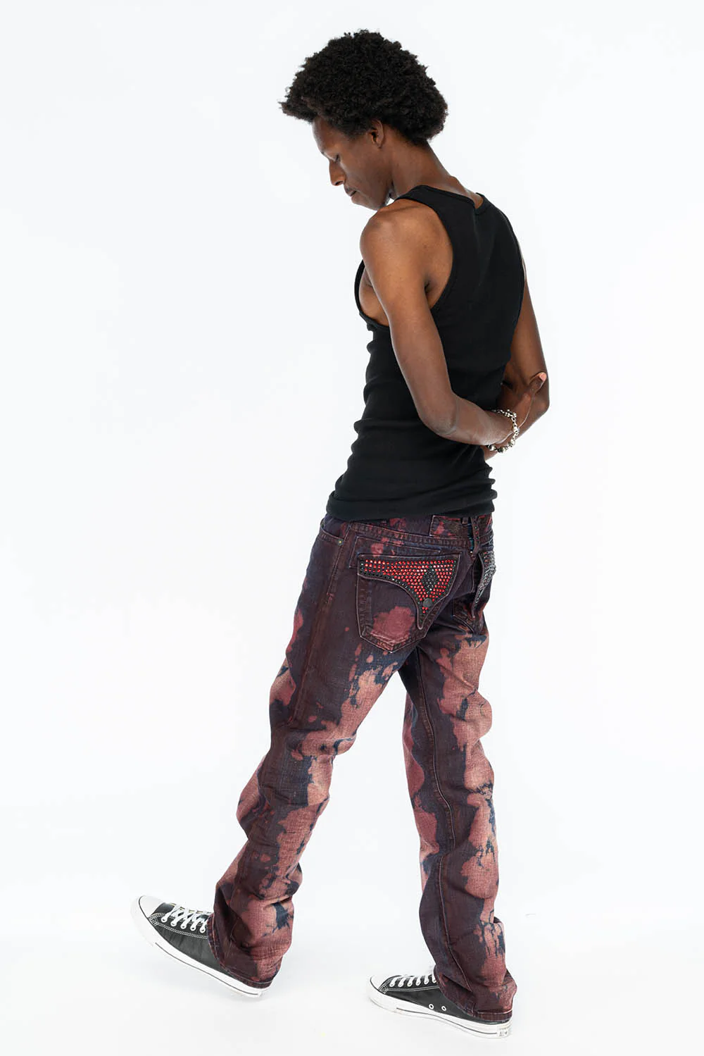 MENS LONG FLAP STRAIGHT CUT JEANS WITH CRYSTALS IN TIPPY RED WASH - Image 7