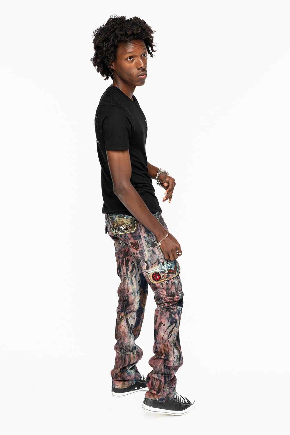 MENS MILITARY JEAN IN BABA RED WASH WITH PATCHES AND AURUM GOLD CRYSTALS - Image 11