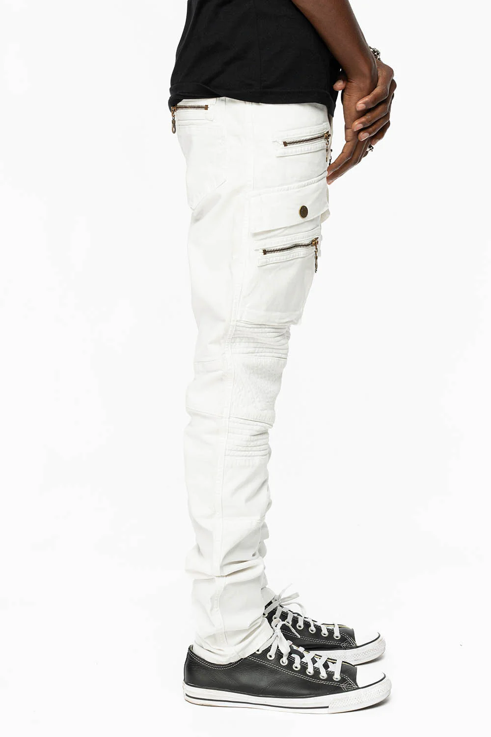 MENS MOTO BIKER JEANS WITH UTILITY POCKETS IN WHITE - Image 3