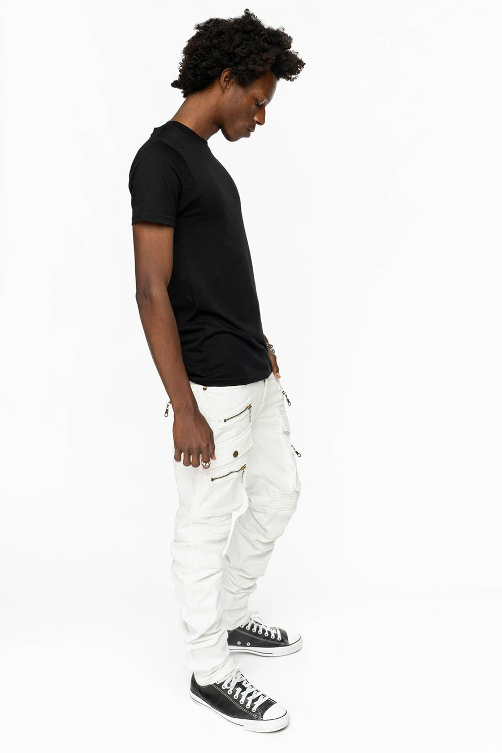 MENS MOTO BIKER JEANS WITH UTILITY POCKETS IN WHITE - Image 5