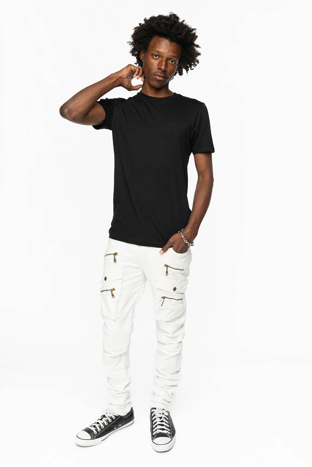 MENS MOTO BIKER JEANS WITH UTILITY POCKETS IN WHITE - Image 6