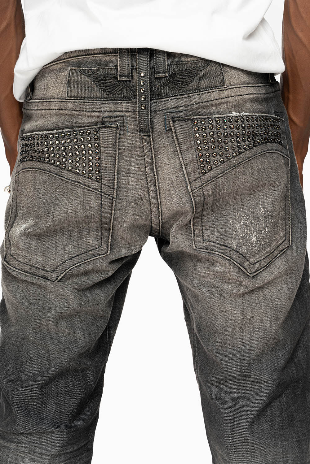 MENS MOTORCYCLE ZIPPERS SLIM JEANS IN ALBANY BLK BROKEN WASH EMBELLISHED WITH CRYSTALS - Image 3