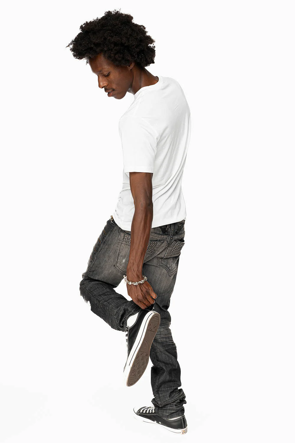 MENS MOTORCYCLE ZIPPERS SLIM JEANS IN ALBANY BLK BROKEN WASH EMBELLISHED WITH CRYSTALS - Image 4