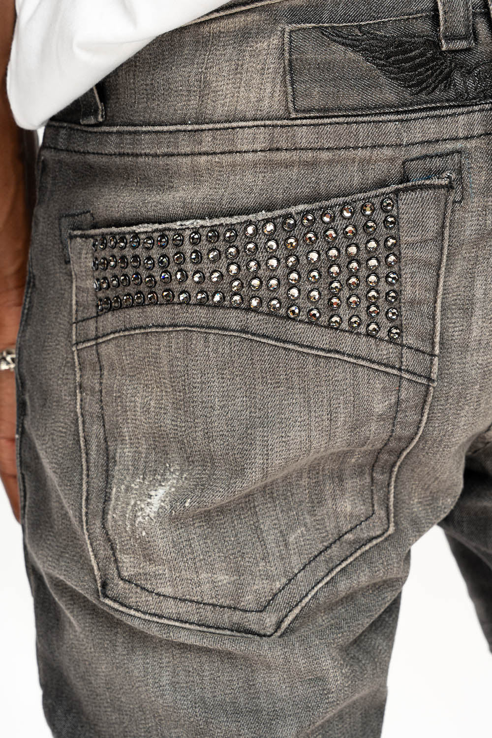 MENS MOTORCYCLE ZIPPERS SLIM JEANS IN ALBANY BLK BROKEN WASH EMBELLISHED WITH CRYSTALS - Image 5