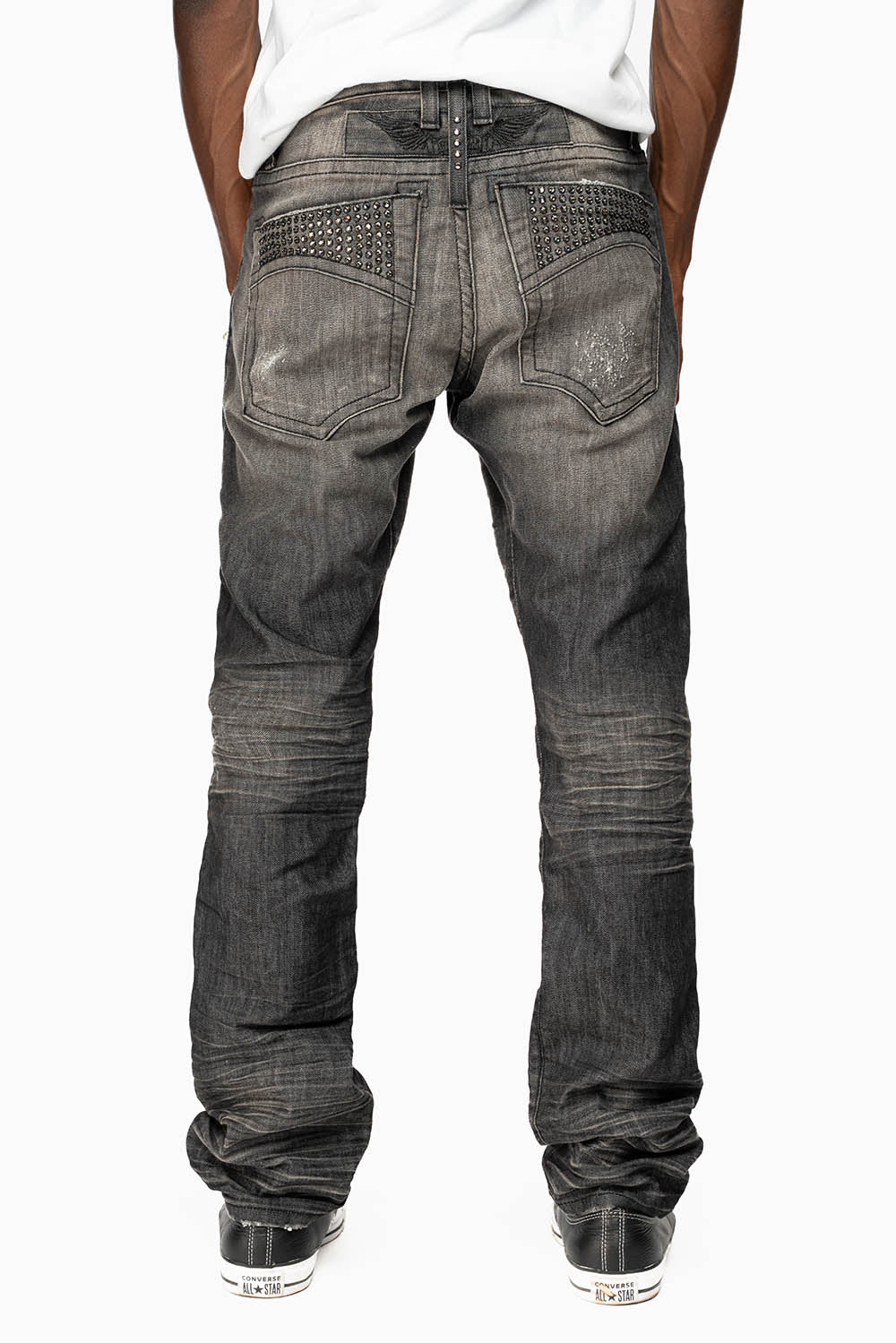 MENS MOTORCYCLE ZIPPERS SLIM JEANS IN ALBANY BLK BROKEN WASH EMBELLISHED WITH CRYSTALS - Image 7