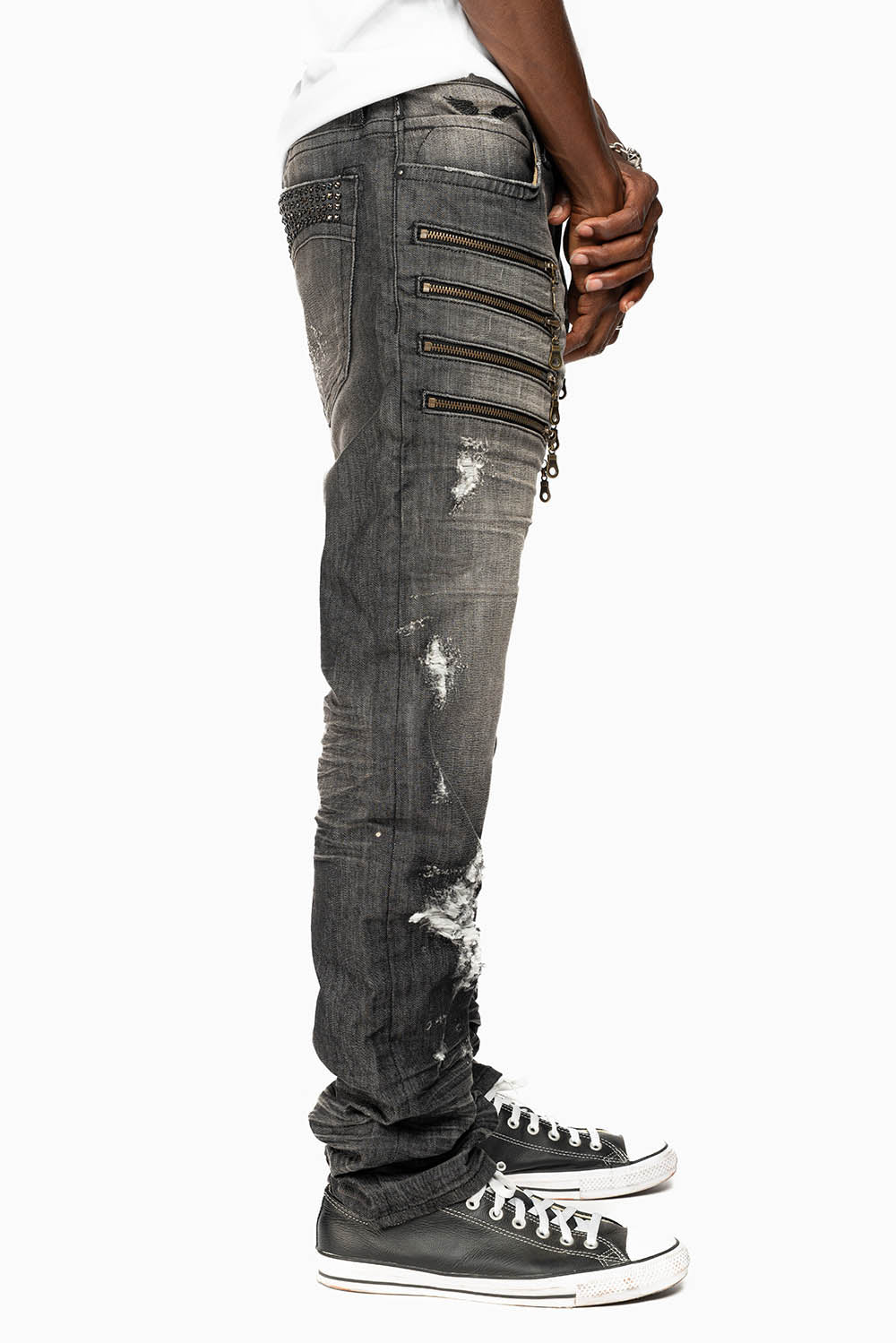 MENS MOTORCYCLE ZIPPERS SLIM JEANS IN ALBANY BLK BROKEN WASH EMBELLISHED WITH CRYSTALS - Image 8
