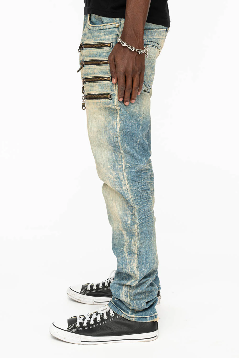 MENS MOTORCYCLE ZIPPERS SLIM JEANS IN LIGHT BLUE WASH - Image 2