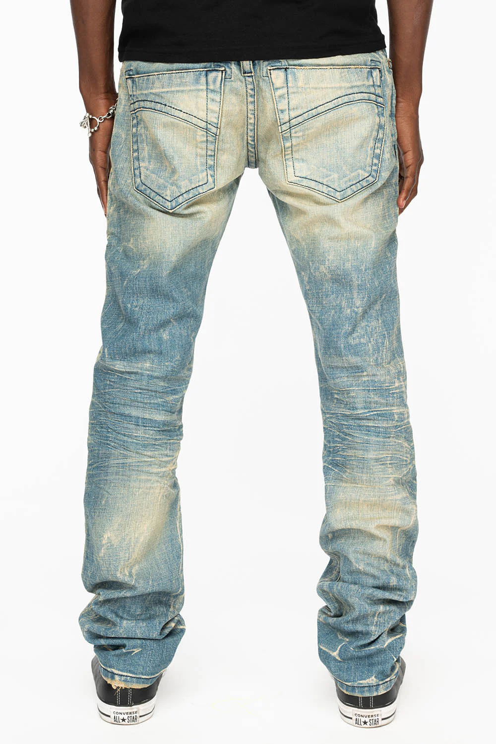 MENS MOTORCYCLE ZIPPERS SLIM JEANS IN LIGHT BLUE WASH - Image 3