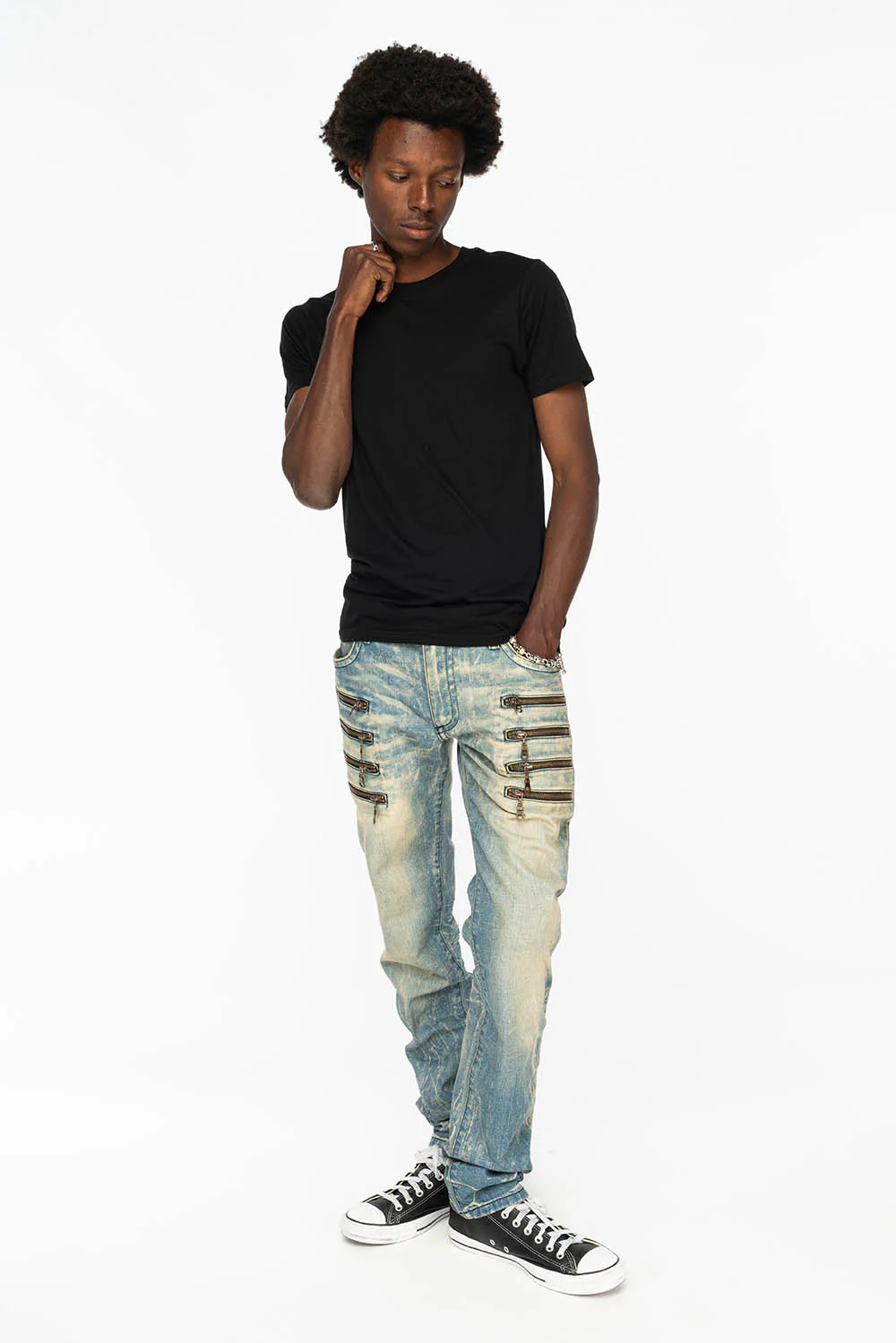 MENS MOTORCYCLE ZIPPERS SLIM JEANS IN LIGHT BLUE WASH - Image 6