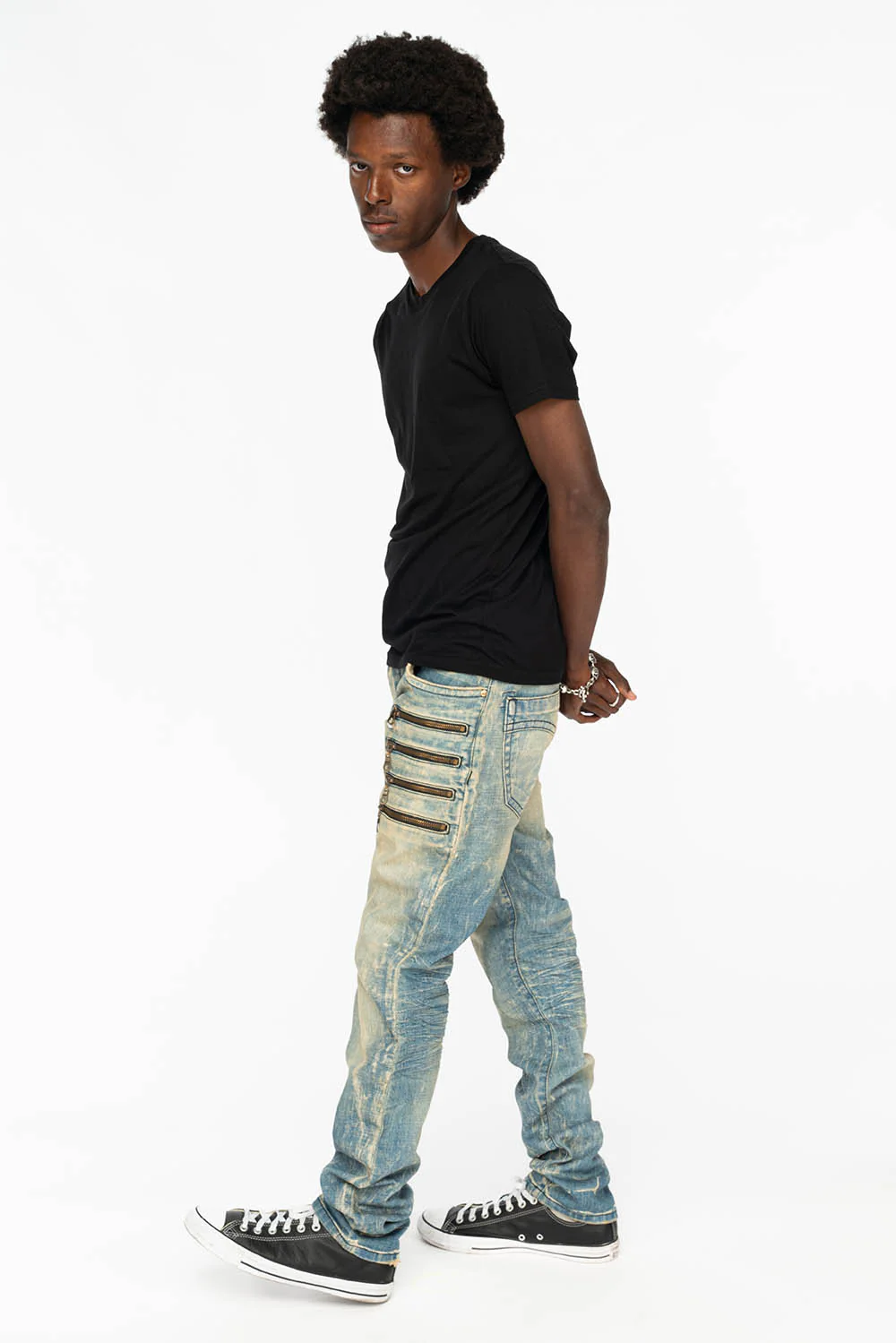 MENS MOTORCYCLE ZIPPERS SLIM JEANS IN LIGHT BLUE WASH - Image 7