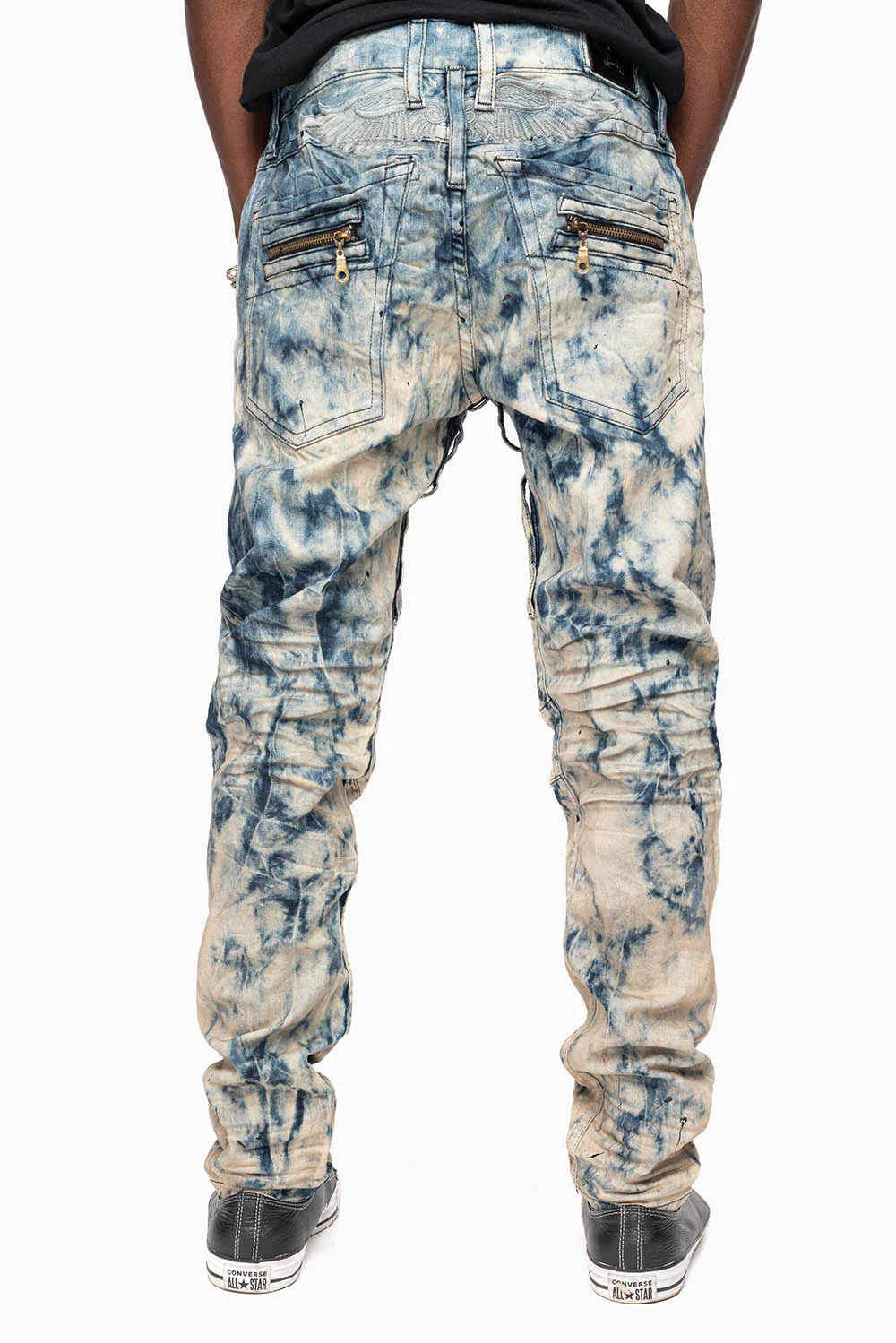 MENS NEW BIKER SKINNY JEANS IN FROZEN WASH WITH TONAL WINGS - Image 2