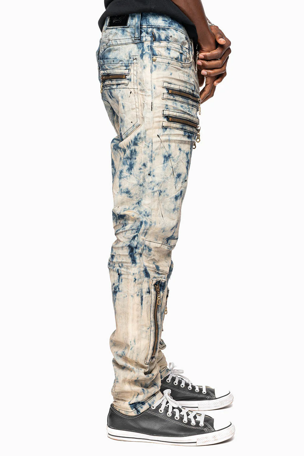MENS NEW BIKER SKINNY JEANS IN FROZEN WASH WITH TONAL WINGS - Image 3
