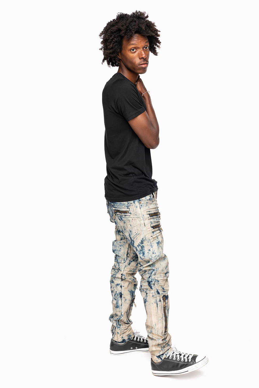 MENS NEW BIKER SKINNY JEANS IN FROZEN WASH WITH TONAL WINGS - Image 5