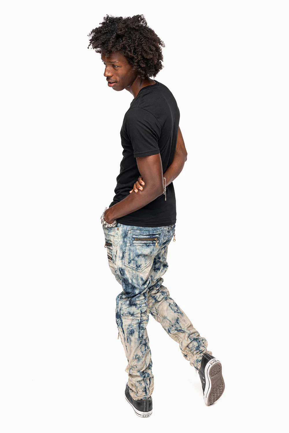 MENS NEW BIKER SKINNY JEANS IN FROZEN WASH WITH TONAL WINGS - Image 6