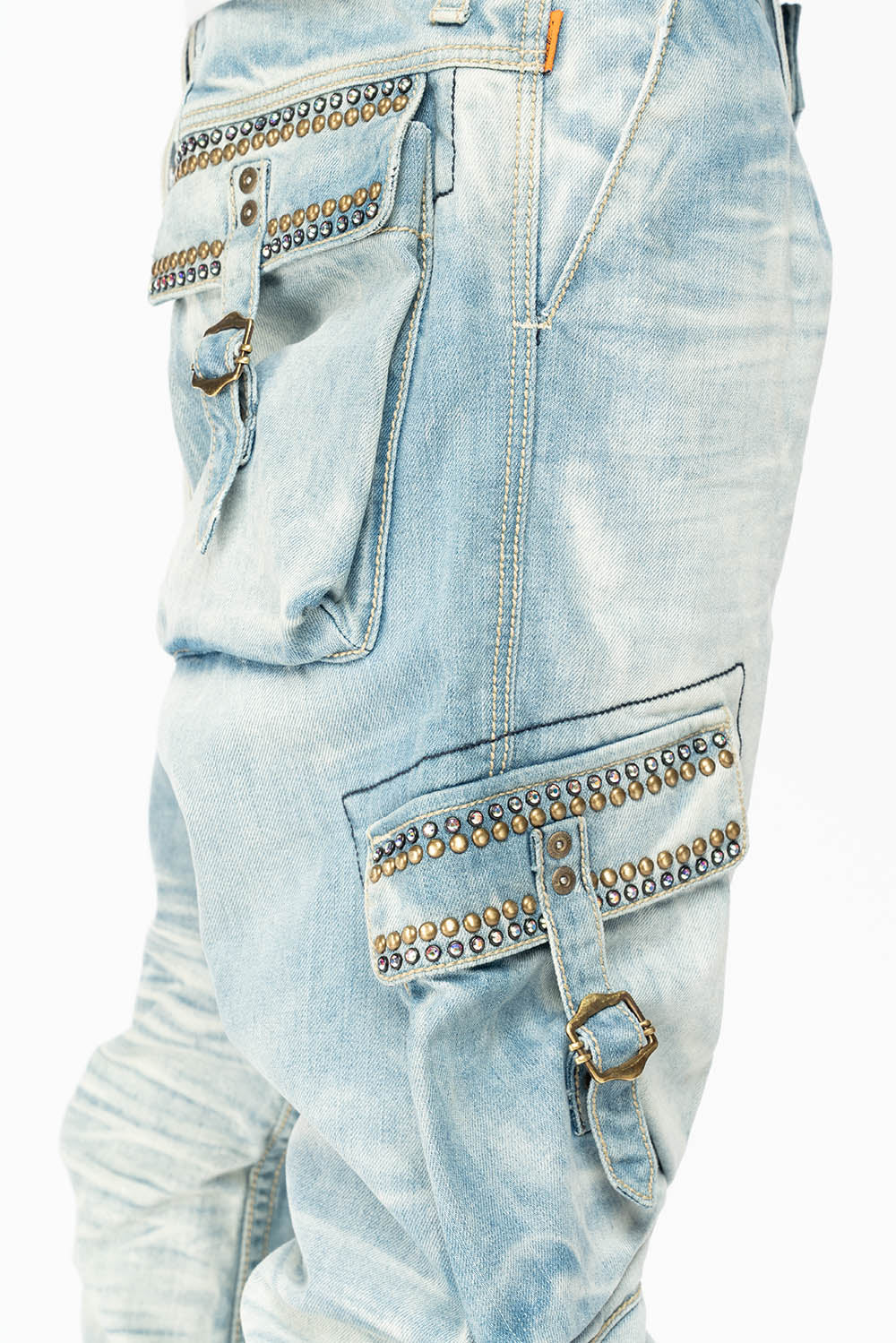 CARGO PANTS  EMBELLISHED WITH CRYSTALS AND STUDS IN BLUE OMAHA LIGHT - Image 2