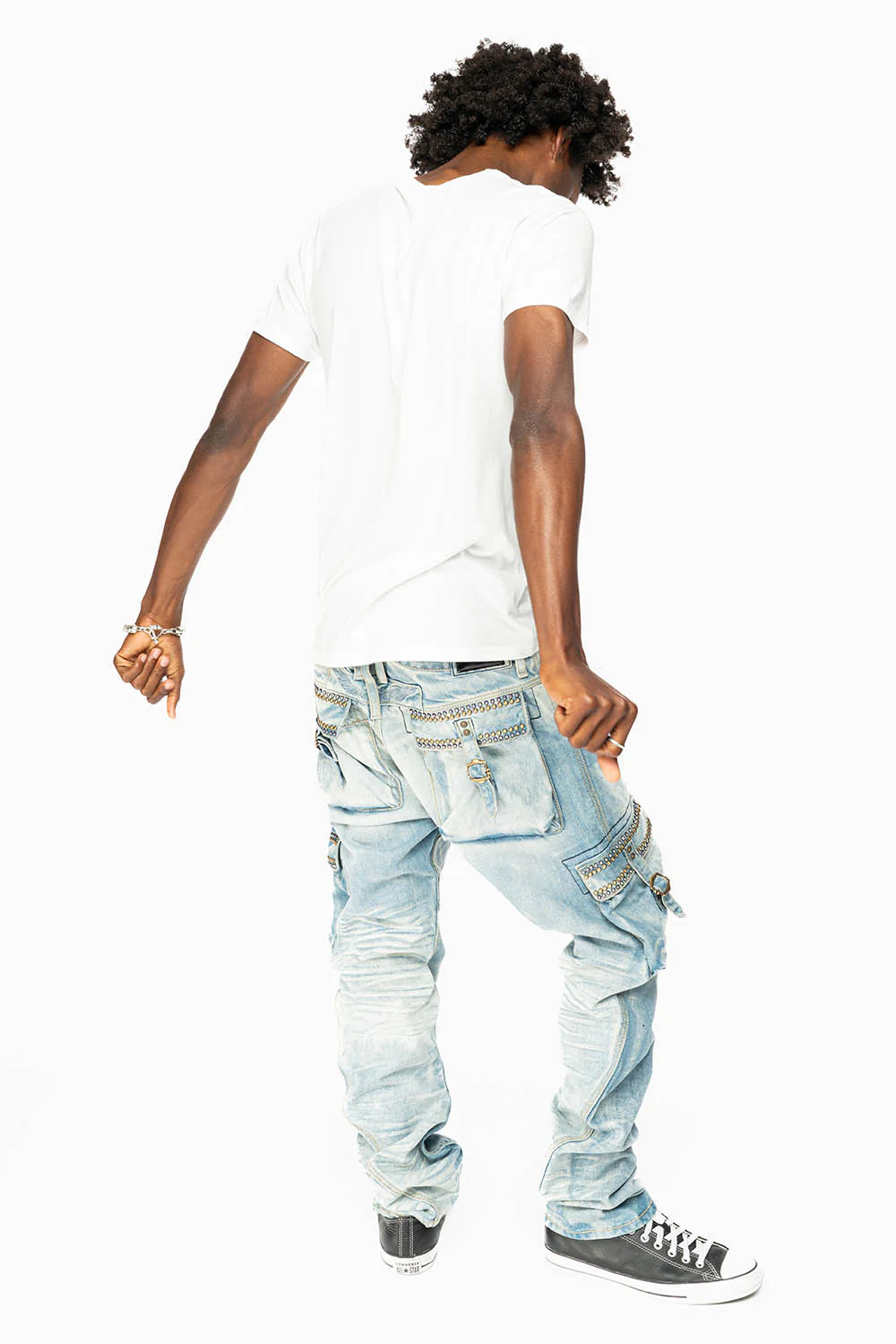 CARGO PANTS  EMBELLISHED WITH CRYSTALS AND STUDS IN BLUE OMAHA LIGHT - Image 3