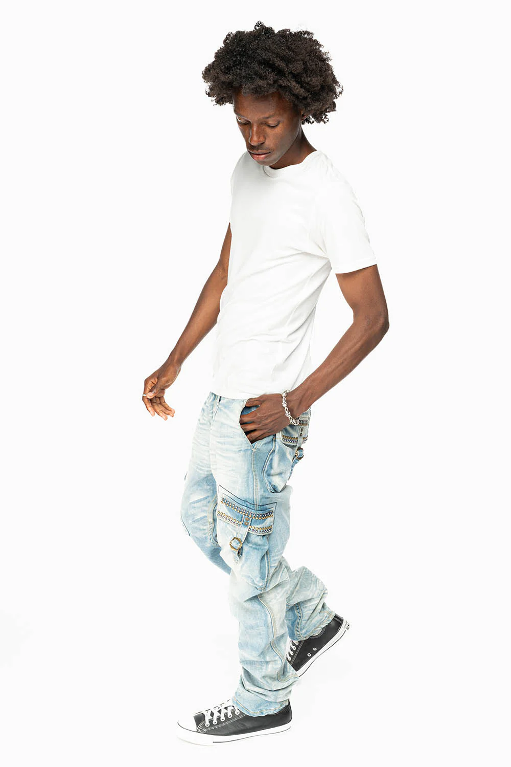 CARGO PANTS  EMBELLISHED WITH CRYSTALS AND STUDS IN BLUE OMAHA LIGHT - Image 4