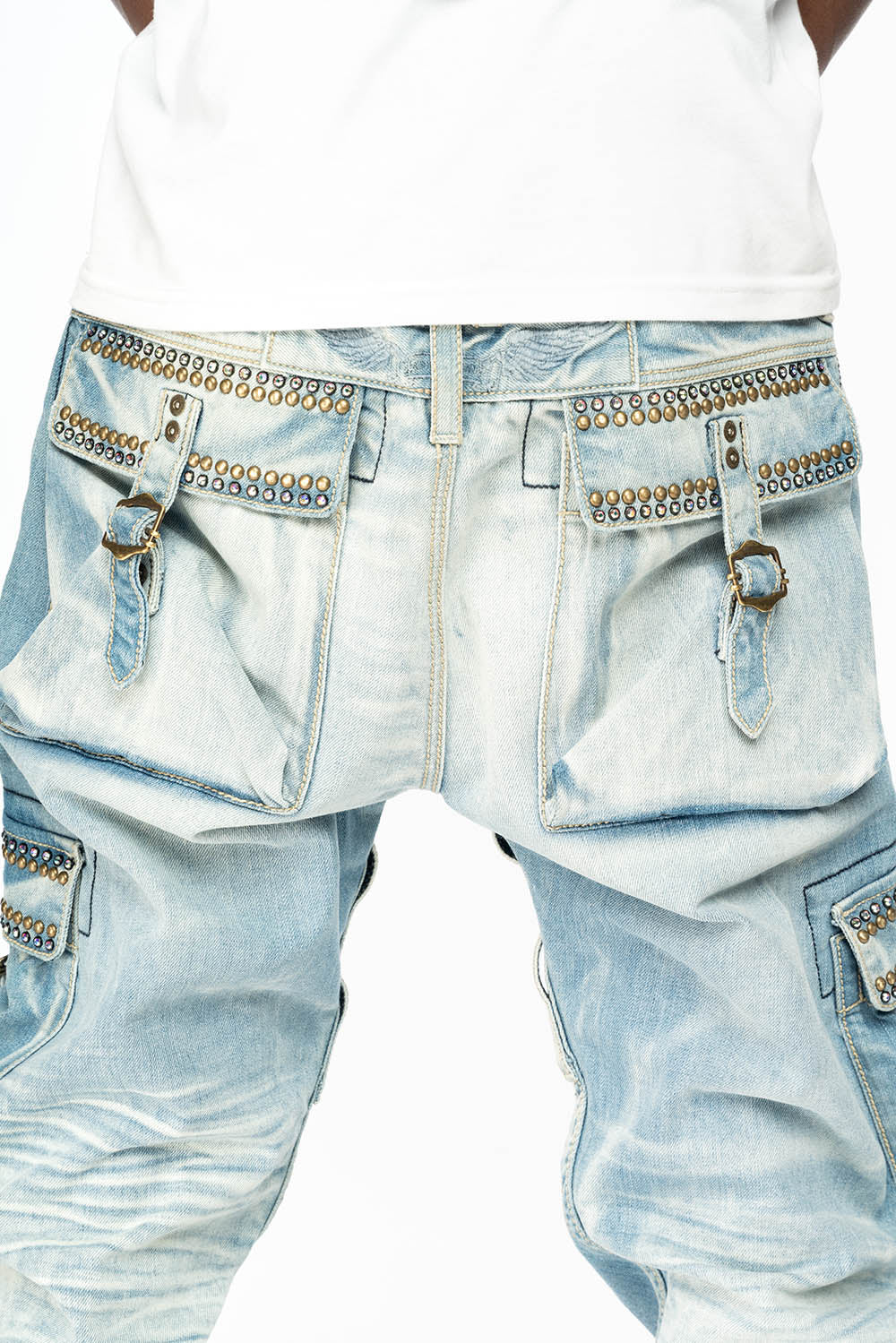 CARGO PANTS  EMBELLISHED WITH CRYSTALS AND STUDS IN BLUE OMAHA LIGHT - Image 6