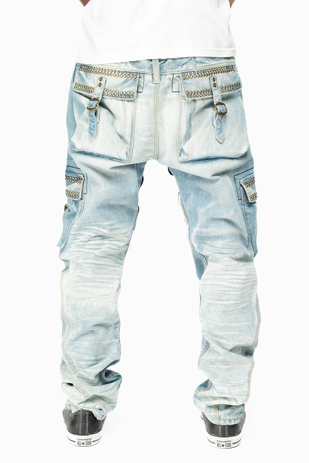 CARGO PANTS  EMBELLISHED WITH CRYSTALS AND STUDS IN BLUE OMAHA LIGHT - Image 7