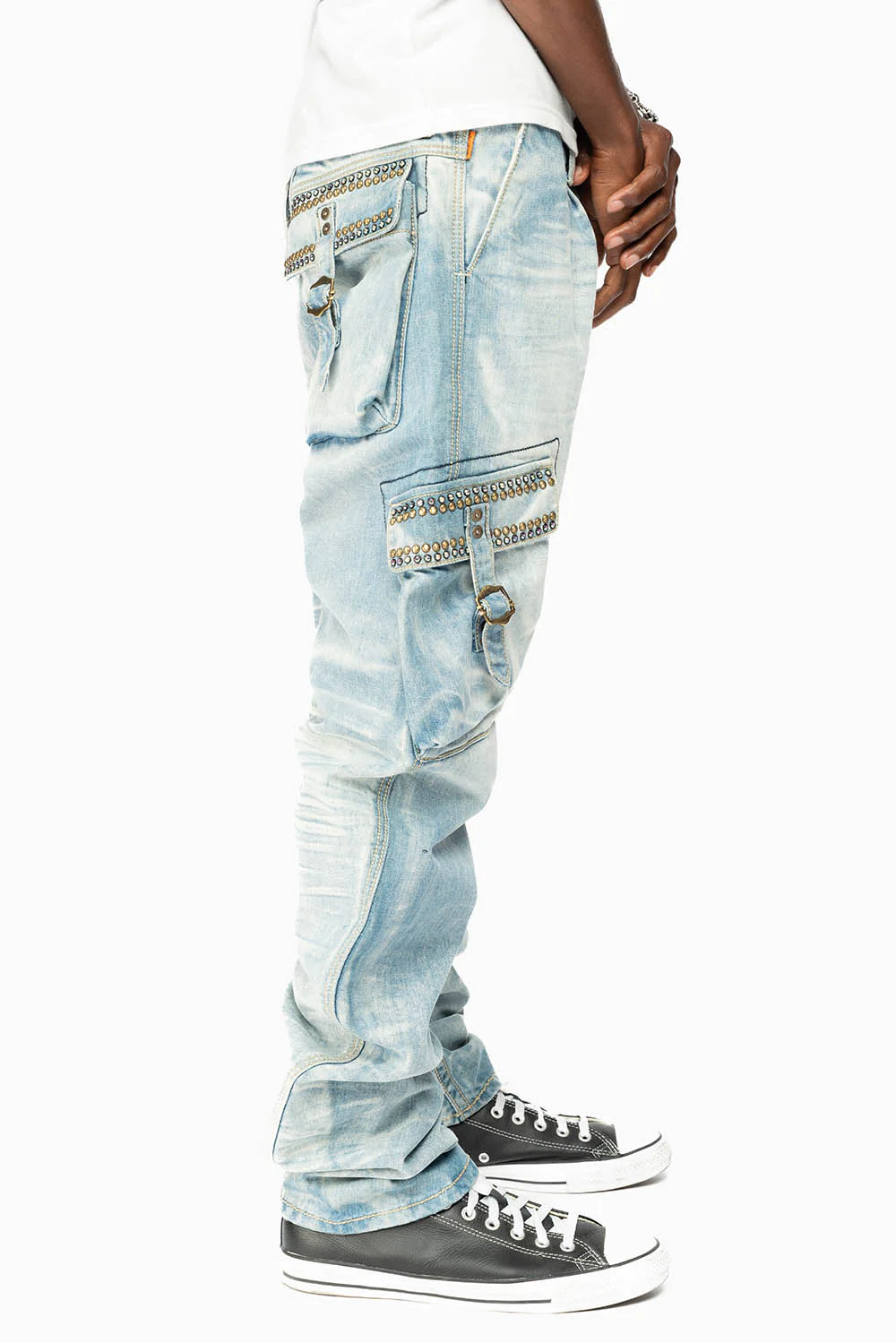 CARGO PANTS  EMBELLISHED WITH CRYSTALS AND STUDS IN BLUE OMAHA LIGHT - Image 8