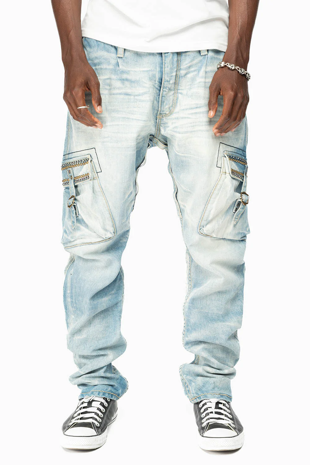 CARGO PANTS  EMBELLISHED WITH CRYSTALS AND STUDS IN BLUE OMAHA LIGHT - Image 9