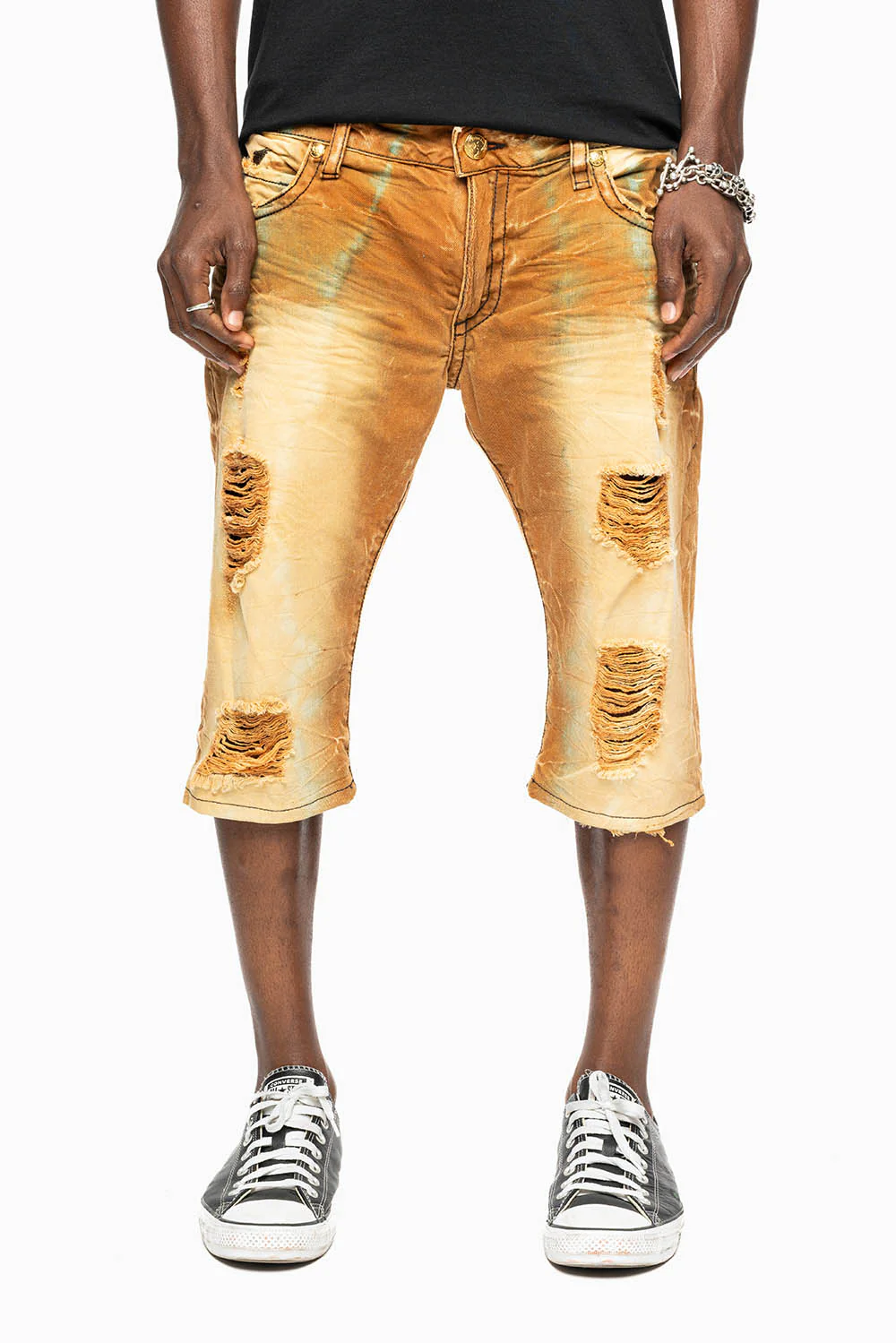 MENS SHORT WITH FLAP POCKETS IN 4D LIGHT PERU BROKEN WASH WITH CRYSTALS - Image 2