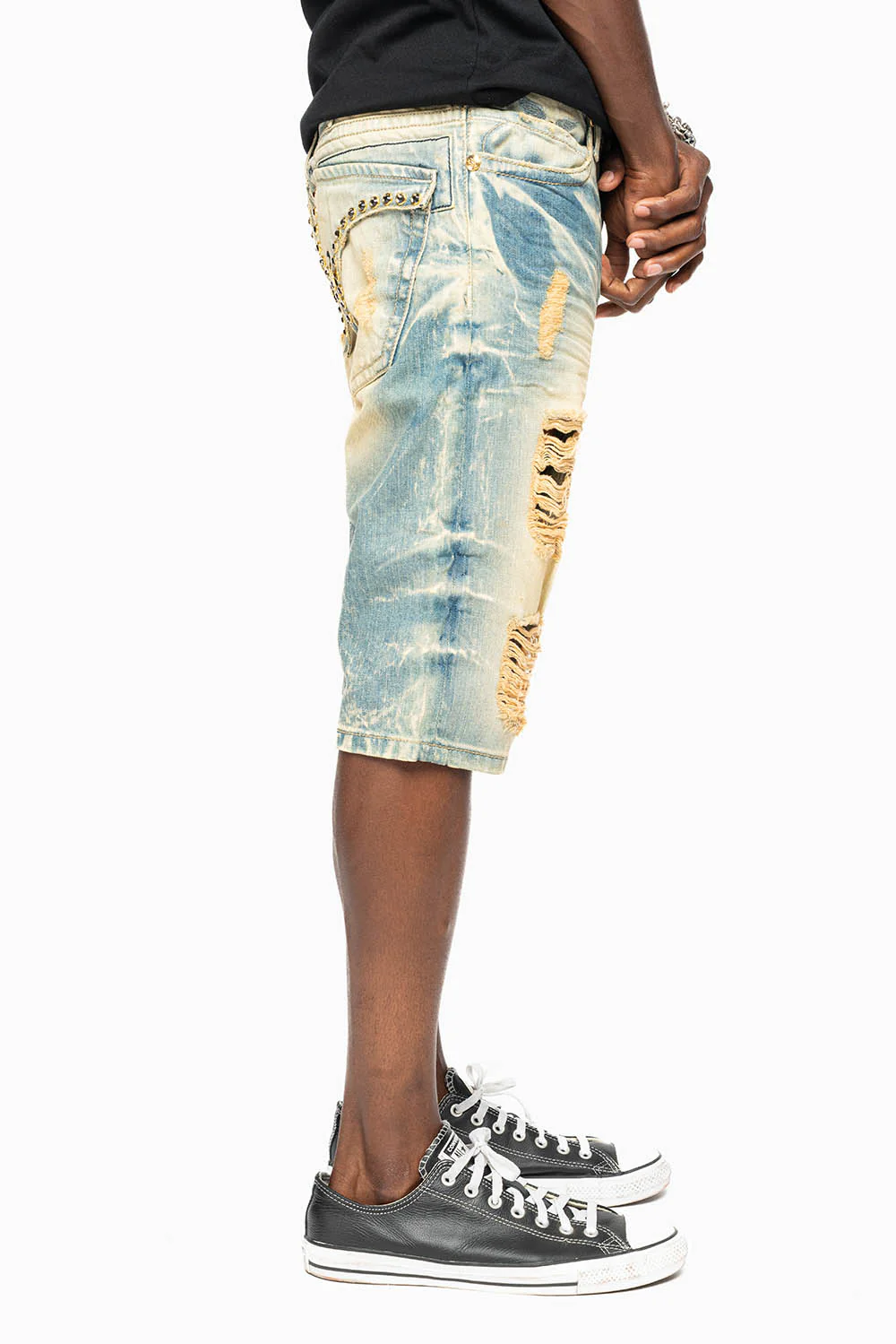 MENS SHORT WITH FLAP POCKETS IN 5D NEDIUM BROKEN WASH WITH  LARGE CRYSTALS - Image 3
